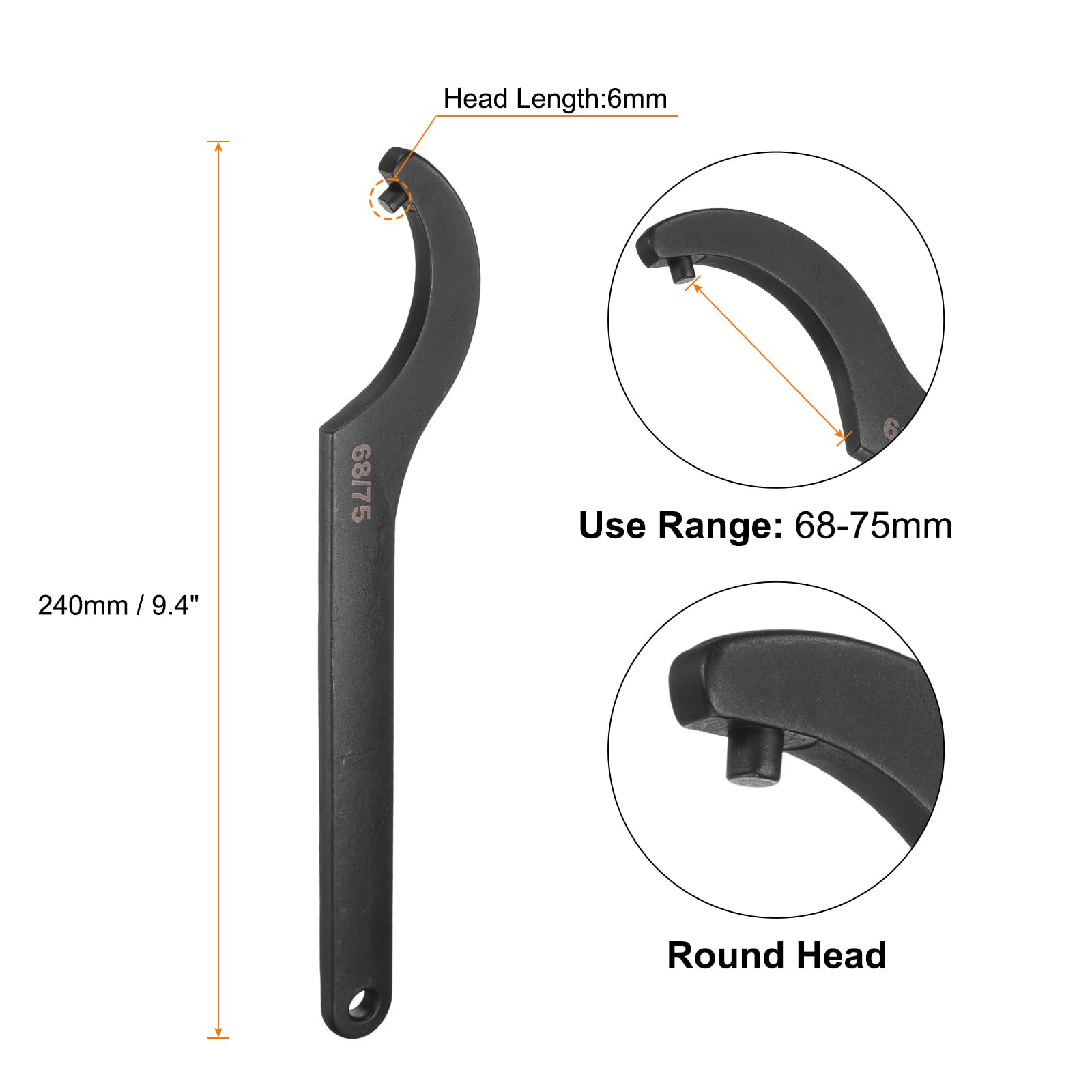 QUARKZMAN C Hook Spanner Wrench, 68-75mm C Pin Motocyklowy Nakrętka Chrom Wanad Spanner Narzędzie do kluczy z 6 mm okrągłą głowicą do maszyn, pojazdów, mechaników