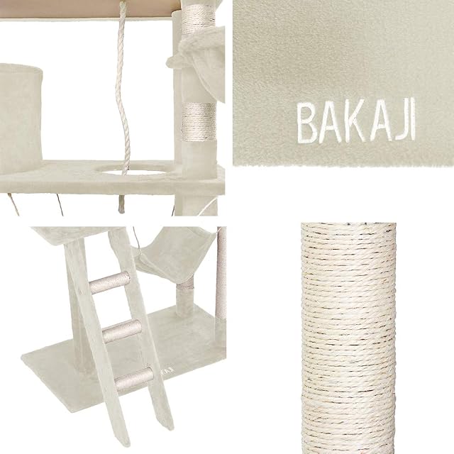 Foto 6 de 7 de BAKAJI 2822586 Árbol rascador para Gatos de sisal y Peluche, caseta suspendida, 142 x 74.5 x 40 cm, Beige