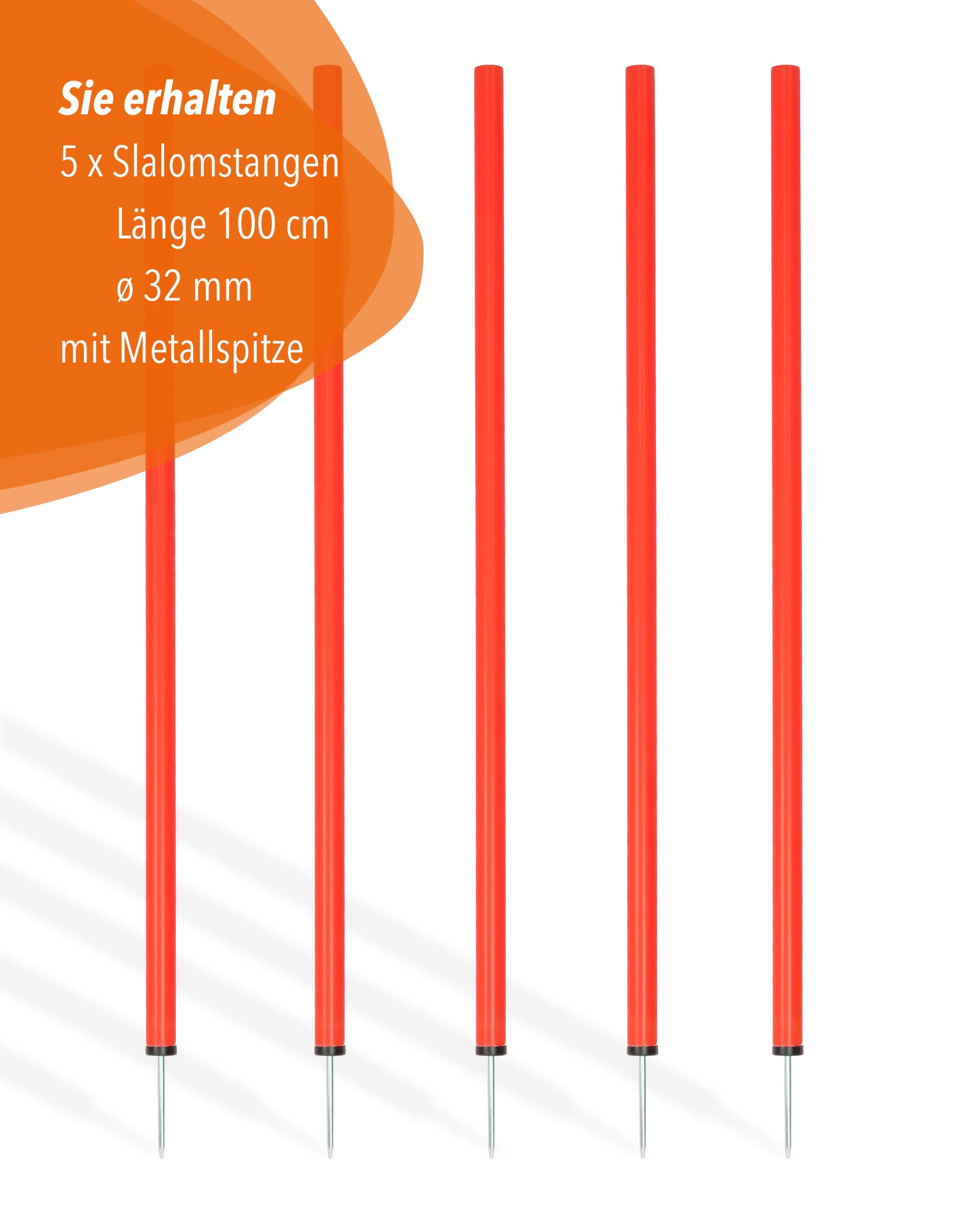 Barres de slalom 100 cm, ø 32 mm - Lot de 5 - Barres d'entraînement avec pointe en métal - pour entraînement d'agilité et de coordination - pour football et sport canin (Rouge)
