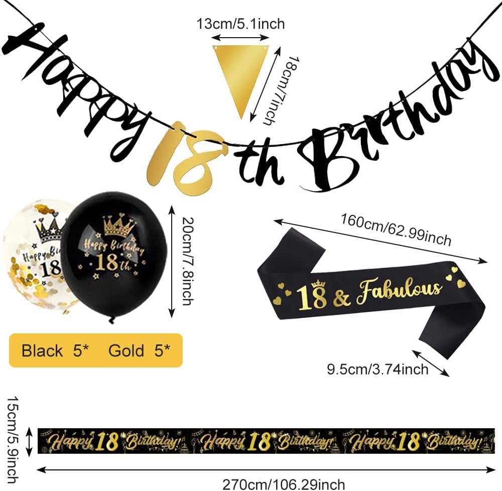 Yontree 14-Piece 18th Birthday Decoration Kit, Gold & Black Theme, Includes 9ft Banner, Birthday Strap, Bunting, Balloons - Image 3