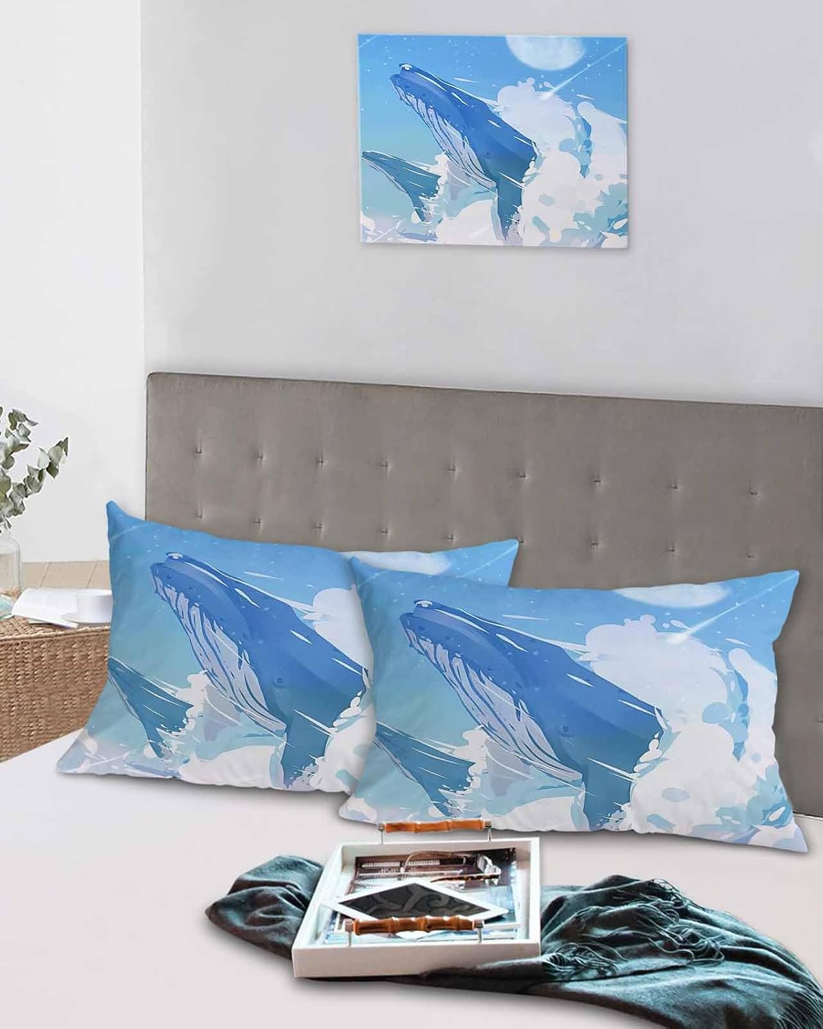 Kid Whale Standard Size Pillowcases,2 Packs Soft Bed Throw Pillow Covers Sham Decorative Sofa Couch Long Body Lumbar Bolster Cushion Case Envelope Closure,Cartoon Animal Starry Sky Blue Cloud 20"x26"