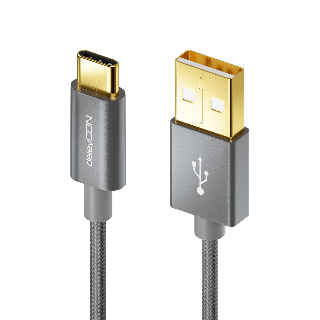 deleyCON 1m Cavo USB-C - Cavo di Ricarica Cavo Dati - Nylon + Spina in Metallo - Da USB C a USB A - Compatibile con Apple Samsung Google Huawei Xiaomi Tablet PC Laptop - Grigio