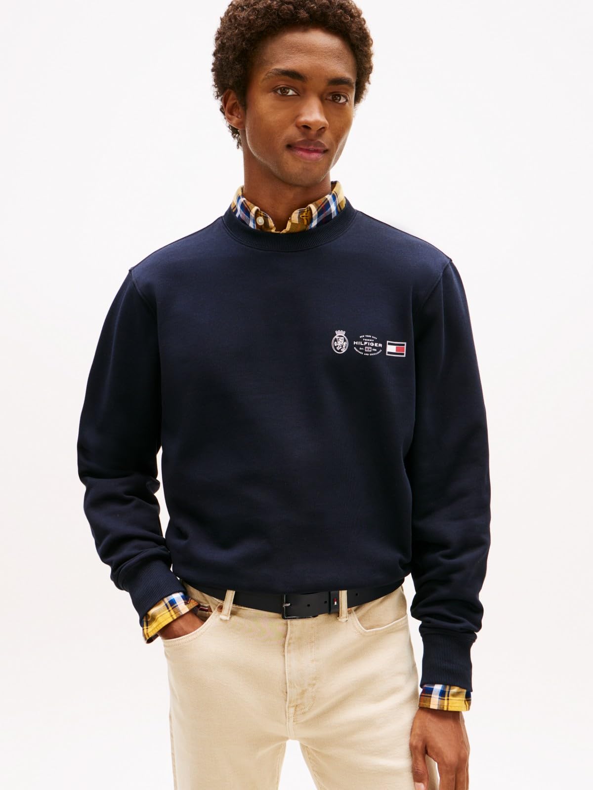Tommy Hilfiger Męski SMALL CREST OUTLINE CREW NECK MW0MW40863 Pulower Bluza, niebieski, L, Niebieski (pustynne niebo), L