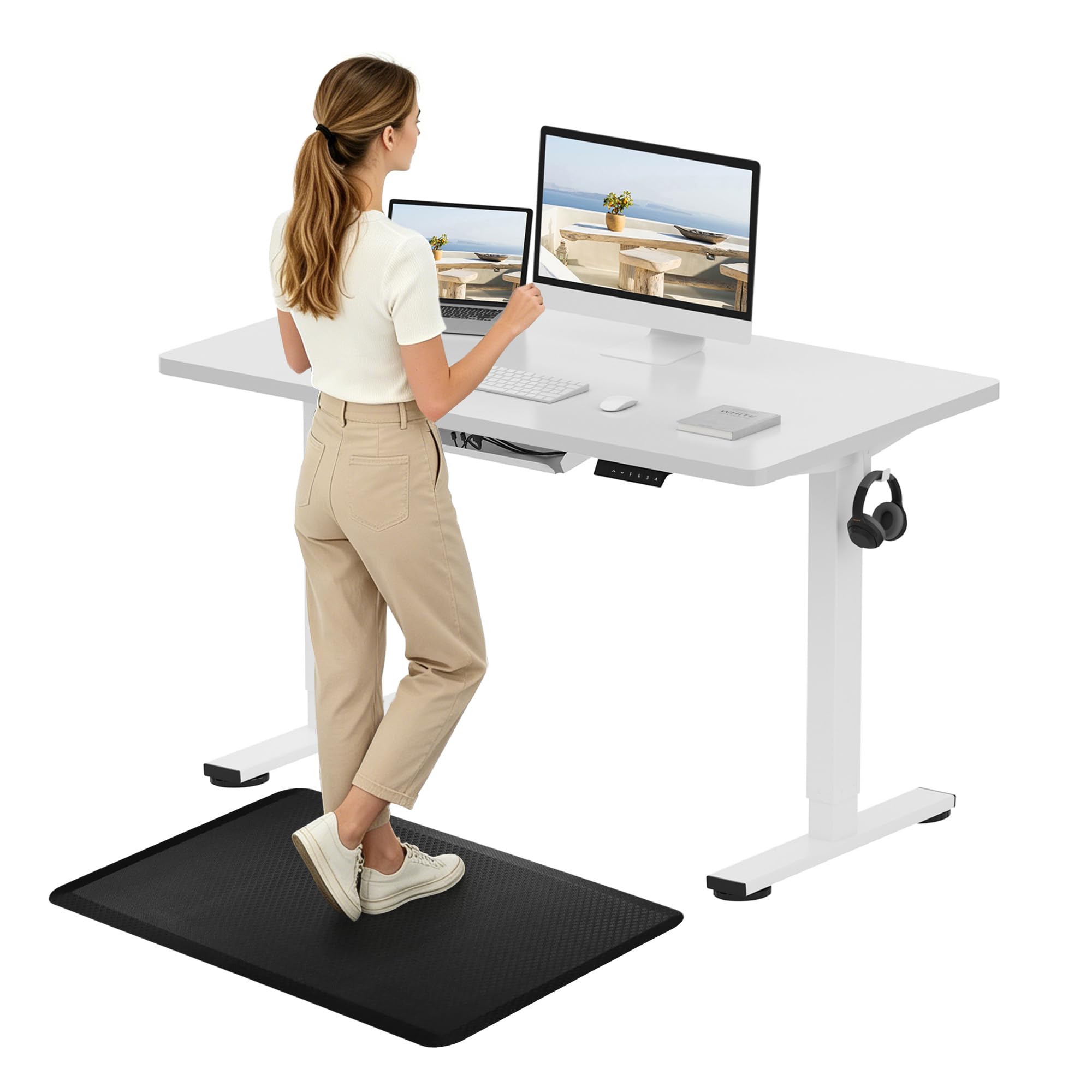 FLEXISPOT E1 Plus Electric Standing Desk ONE PIECE Height Adjustable Sit Stand Desk with Memory Smart Panel & Anti-slip Mat (120 * 60cm, White Frame+White Desktop)