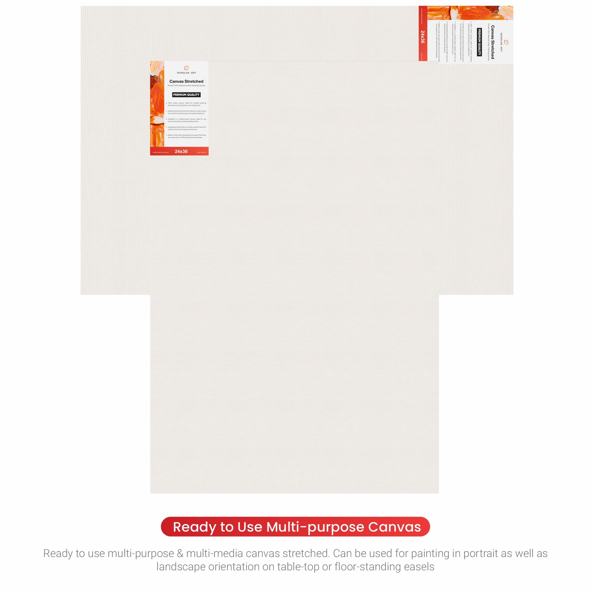 Scholar Art® Artist Standard Series 10 Oz (440 GSM) 100% Cotton Pre-Stretched Canvas with Wooden Frame 18x40 mm | Primed Canvas Stretched for Oil & Acrylic Painting | 24"x36" (60x90 cm), Pack of 2 2