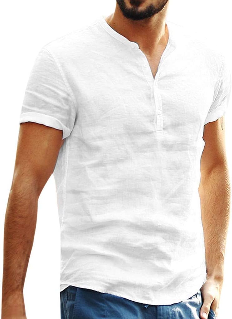 TUDUZ Men Shirts Summer Vintage Solid Henley Neck Short Sleeve T Shirts Cotton and Linen Buttons V-Neck Retro Casual Tops Blouse