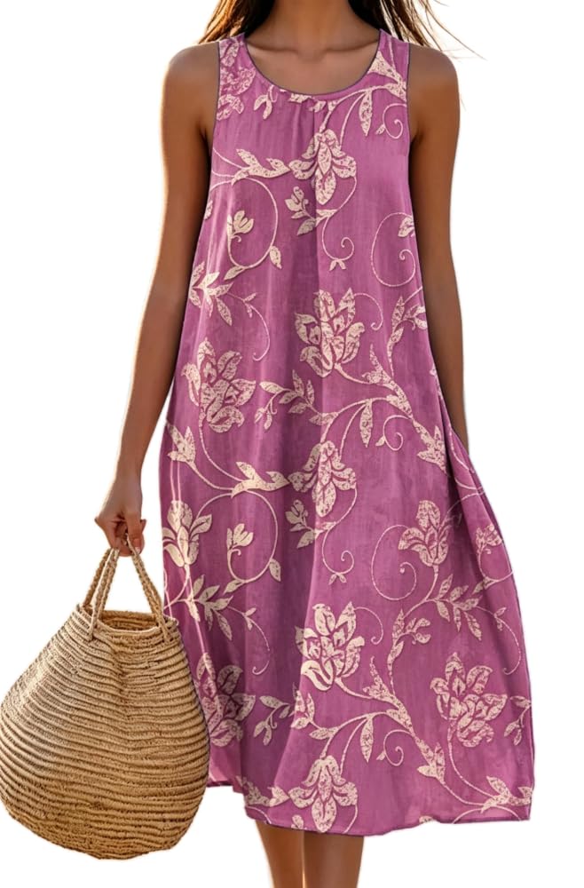 Sommerkleid Damen Ärmellose Strandkleid Rundhalsausschnitt Blumenprint Maxi Kleid Freizeitkleid Sommer Kleider Casual