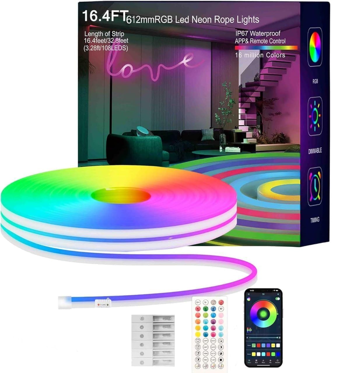 7Seas Smart RGB Neon LED Strip Lights with Music Sync, App & Remote Control – Flexible Ambient Lighting for Desktop, Gaming Setup, Bedroom and TV Unite Back Light | 16M Color Decorative Rope LED