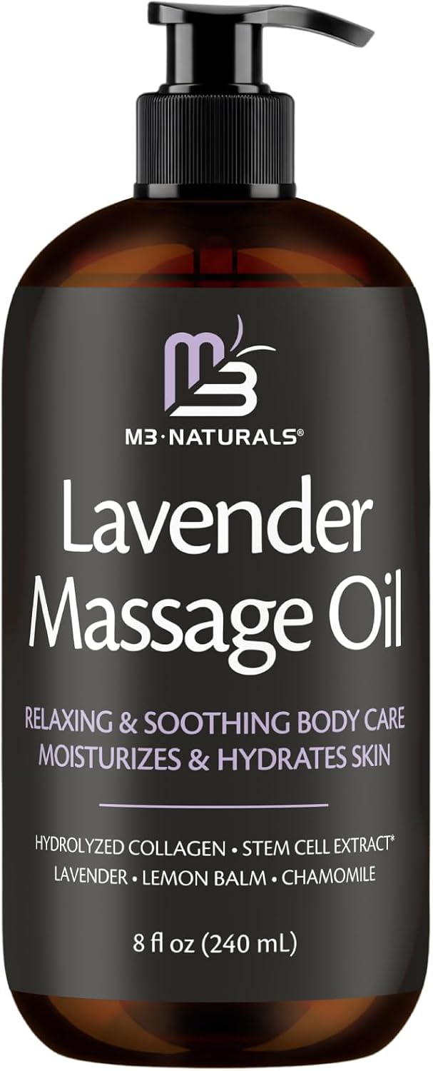 Lavender Massage Oil with Collagen and Stem Cells - Skin Tightening Massage Oil for Massage Therapy and Instant Absorption Cellulite Oil for Bum Thighs and Belly by M3 Naturals
