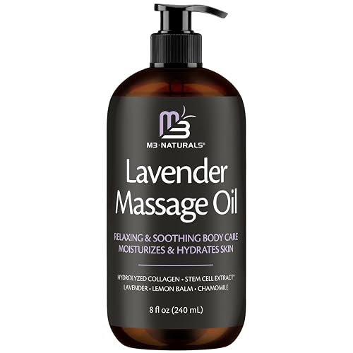 Lavender Sensual Massage Oil with Collagen and Stem Cells, 8 fl oz by M3 | Fast-Absorbing Massage Oil with Lemon Balm & Chamomile, Relaxing & Soothing Body Care, Moisturizes & Hydrates Dry Skin - Lavender Massage Oil
