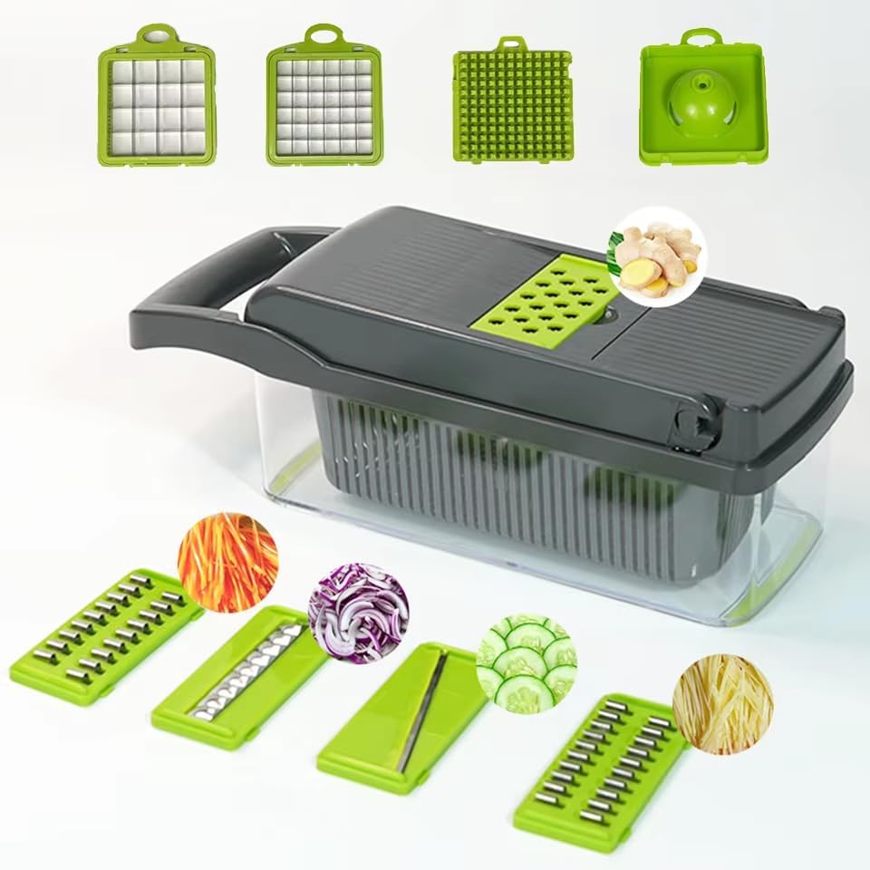 Miniatura 3 de Picador de verduras, picador de alimentos multifuncional 16 en 1, picador profesional de cebolla con 7 cuchillas, cortador de verduras con