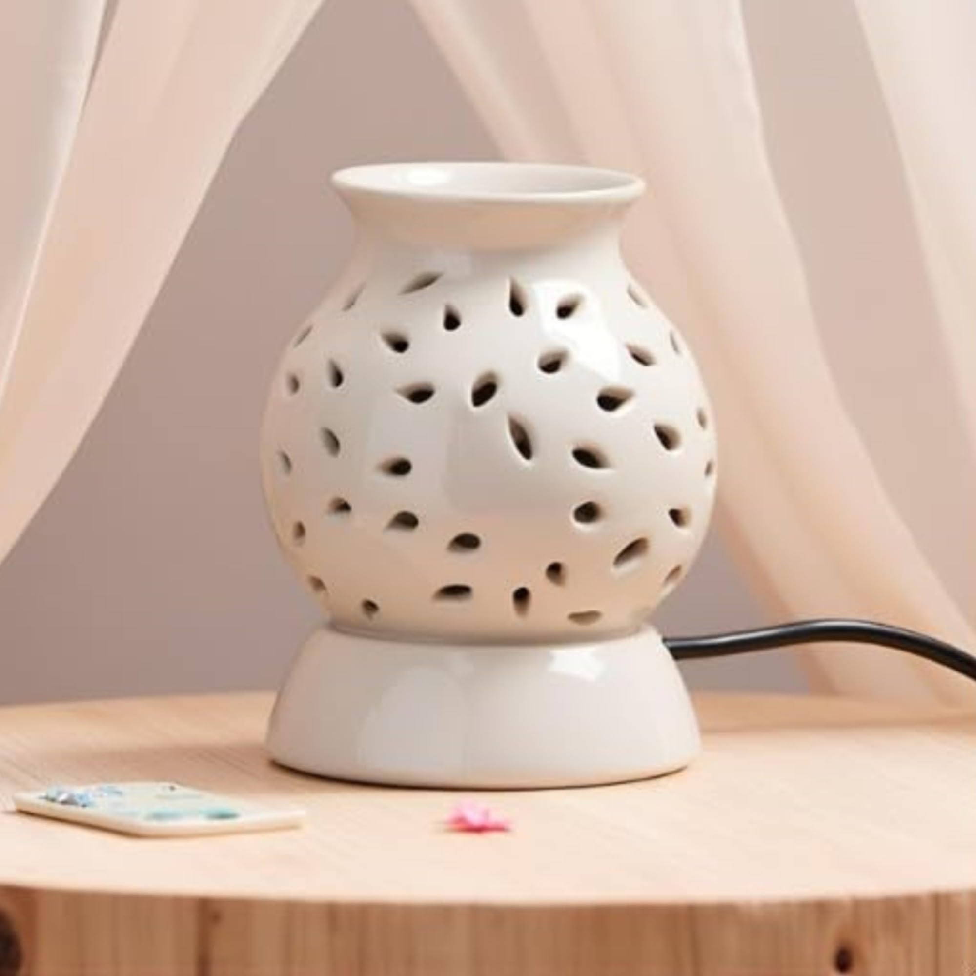 Ceramic Electric Aroma Diffuser - Decorative Essential Oil Burner and Home Fragrance Diffuser with Light. Gift Set Includes Extra Bulb and 10 ml Jasmine Oil for Home, Office, or spa use.