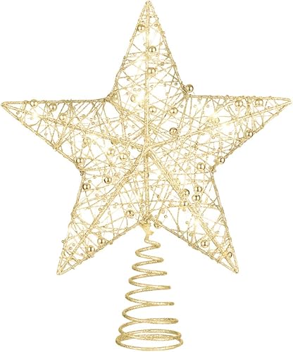 NUOBESTY Decoración para árbol de Navidad, adornos con tira de luces en forma de estrella para decoración de Navidad (dorado)