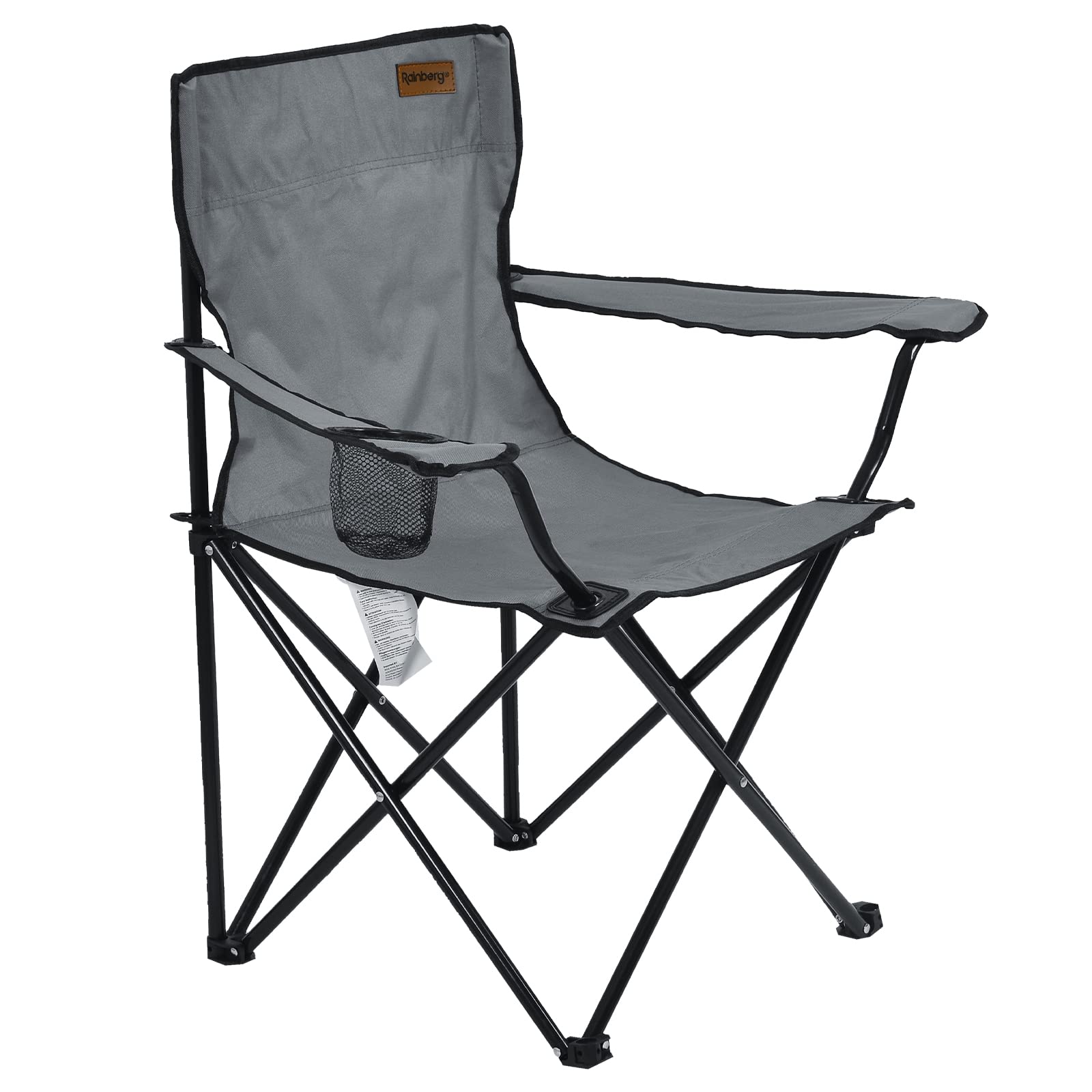 Rainberg Folding Camping Chairs, Comfortable Heavy Duty Structure, Extra Wide Garden Chair with Hard Armrest, Foldable Fishing Chair Outdoor Fold up, Cup Holder with Carry Bag. (Pack of 1, Grey)