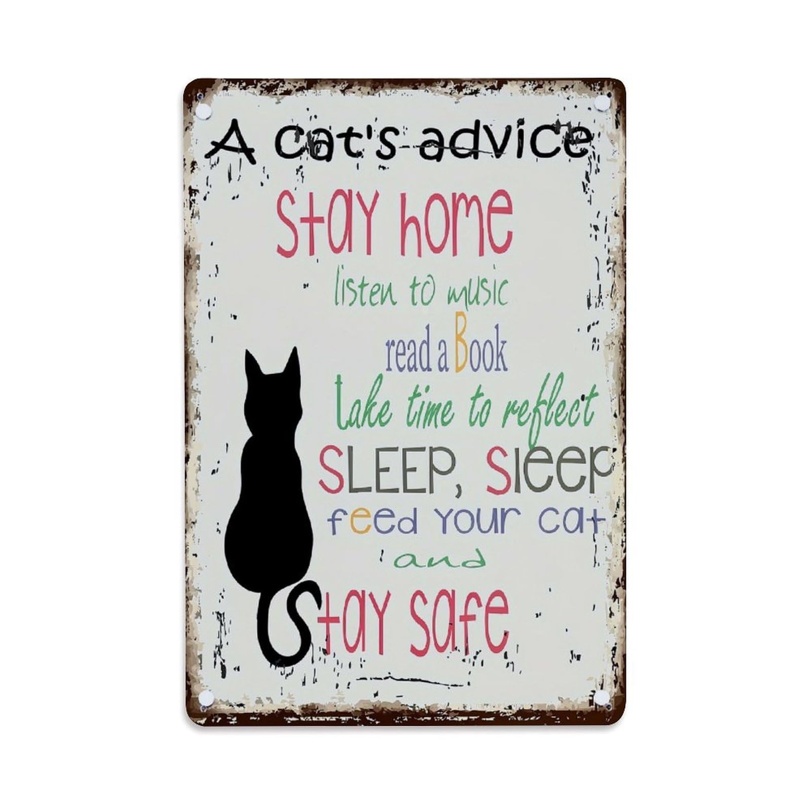 Jdyaojiesheng Vintage Cat Advice Stay Home Sleep Safe Tin Sign Retro Metal Wall Decor Metal Poster, Home Bar Garage Farmhouse Cafe Wall Art Decoration 8X12inches