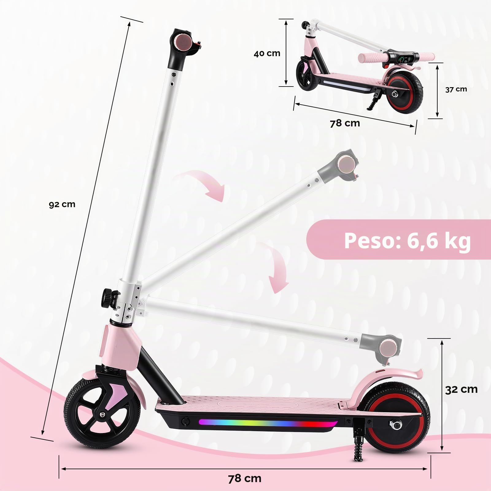 Patinete Eléctrico Niño 130W Plegable y Ligero, Velocidad Máxima de 15 km/h, 3 Modos de Velocidad, Pantalla LED y Luces Coloridas, Cumpleaños y Navidad (Rosa)