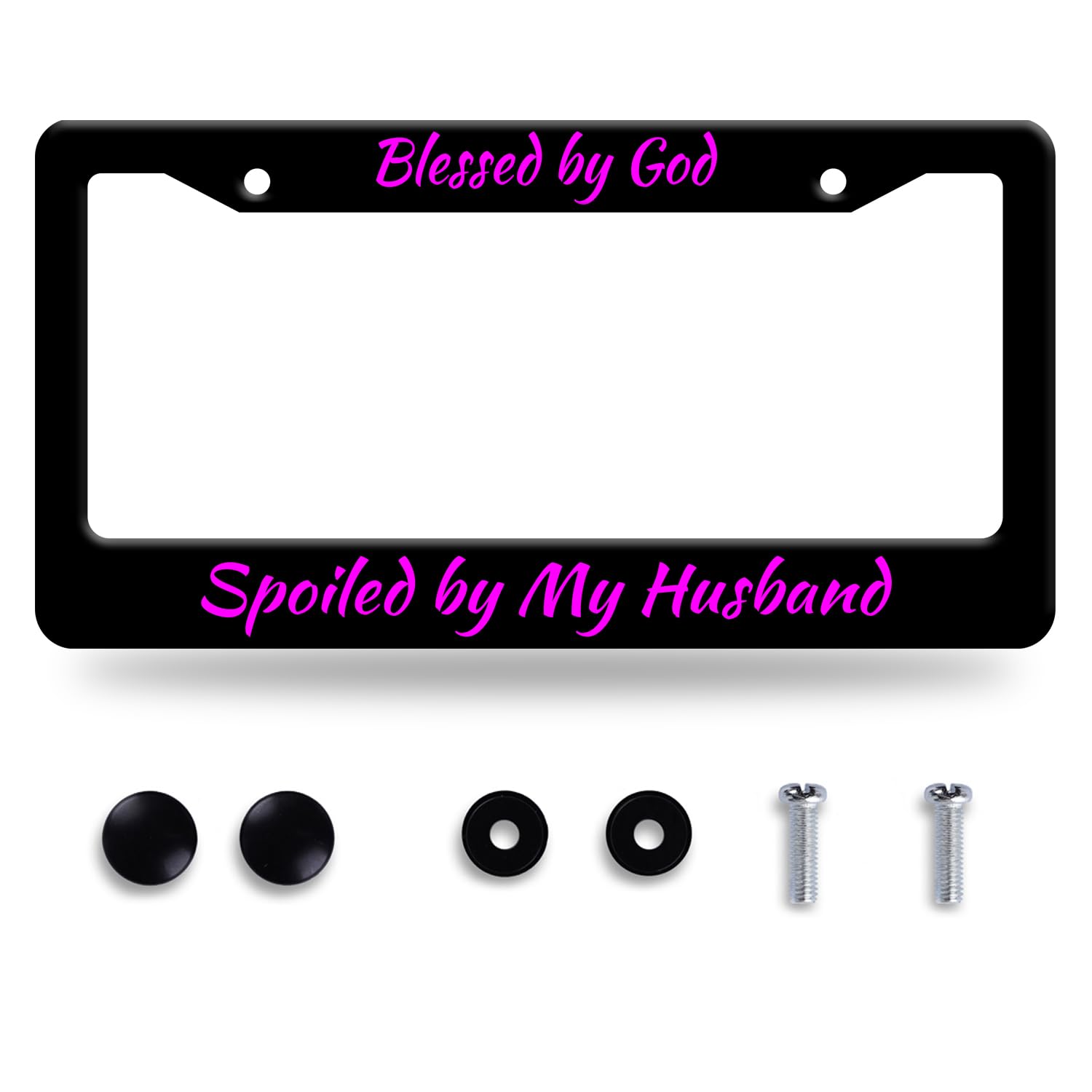 Blessed by God Spoiled by My Husband License Plate Frame Funny Texts License Plate Stainless Steel Parts with Screws Size 12.3" x 6.3" for Men Women