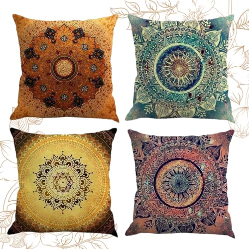 HIQE-FL Juego de 4 Fundas de Cojín de 45 x 45 cm,Cojines Impermeables Exterior,Funda de cojín Decorativa con Diseño Bohemio,de Flores Indias,para Sofá,Oficina, Coche,Decoración del Hogar