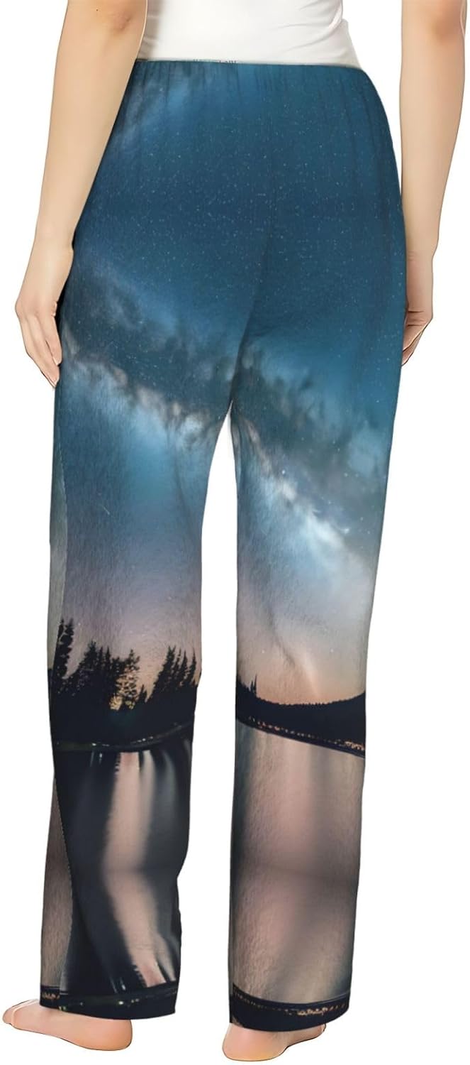 Night Sky And Trees Print Cozy Christmas Pajama Pants,Flannel Pajama Bottoms,Cater To Various Body Types