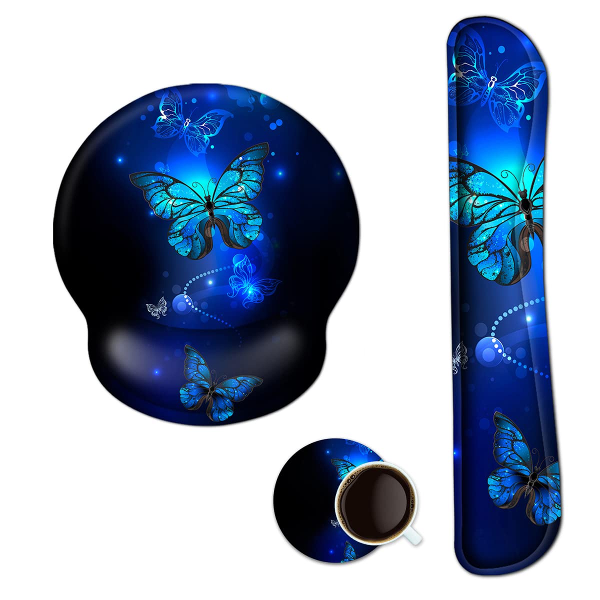 Mouse Pad Keyboard Wrist Rest, Gel Non Slip Rubber Wrist Support Rest Mouse Pad for Home Office, Computer, Laptop, Typist, Gamer, Soft Cushion Mousepad with Memory Foam Ergonomic, Blue Butterfly — image 1