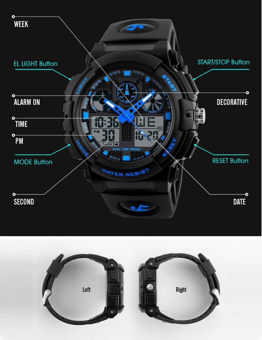 Diagram showing the buttons and display elements of the PASNEW digital-analog sports watch.