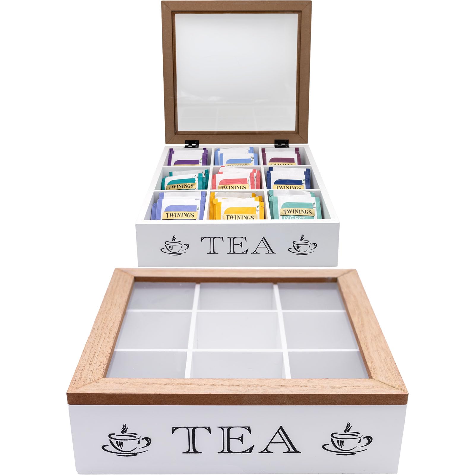 US333 Boîte de rangement vintage en bois bicolore 9 compartiments pour sachets de thé et café