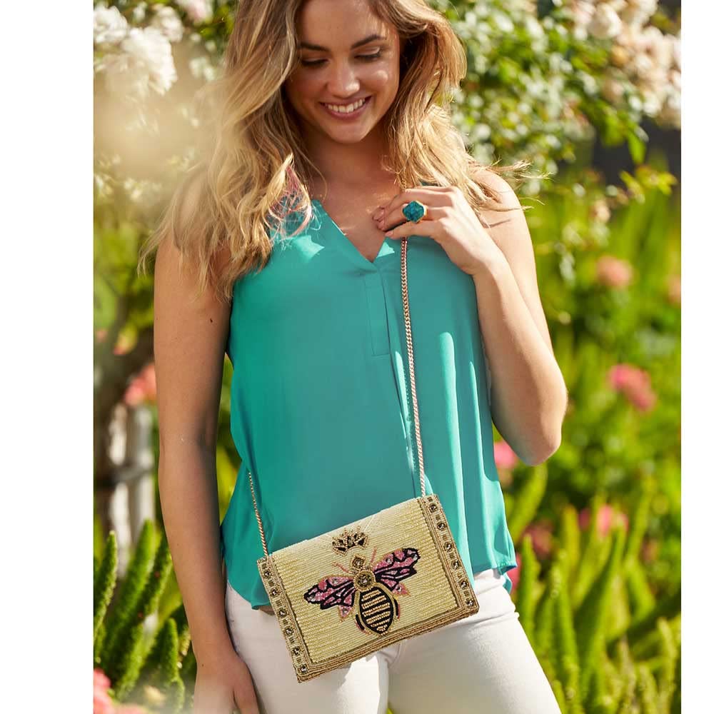 Mary Frances Buzzed Bolso de mano con cuentas – Bolso cruzado con adornos de abeja con cierre magnético para viajes, bodas, fiestas - Oro