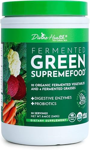 Divine Health Alimento Supremo Verde Fermentado Orgánico - 10 Verduras + 4 Hierbas y Probióticos, Sabor Manzana Canela (Suministro para 30 Días)
