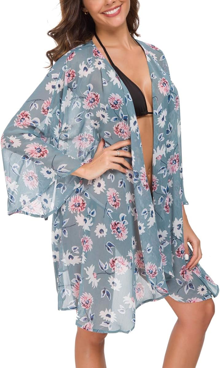 olrain Women Floral Flowy Kimono Cardigan Long Bikini Beach Cover Up Loose Tops