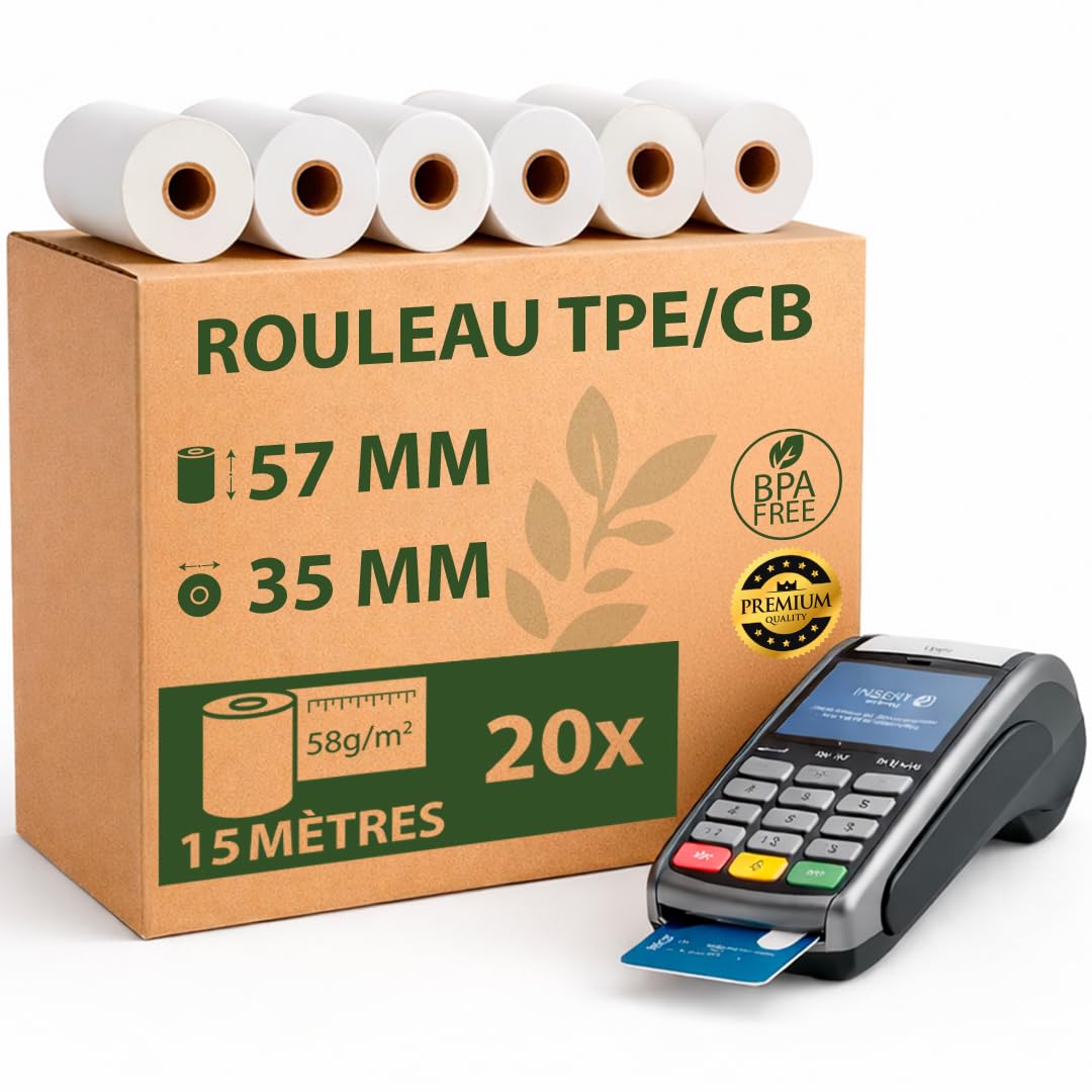Papier Thermique pour Carte Bancaire Rouleaux TPE/CB 57x35 15m Lot de 20 Sans BPA