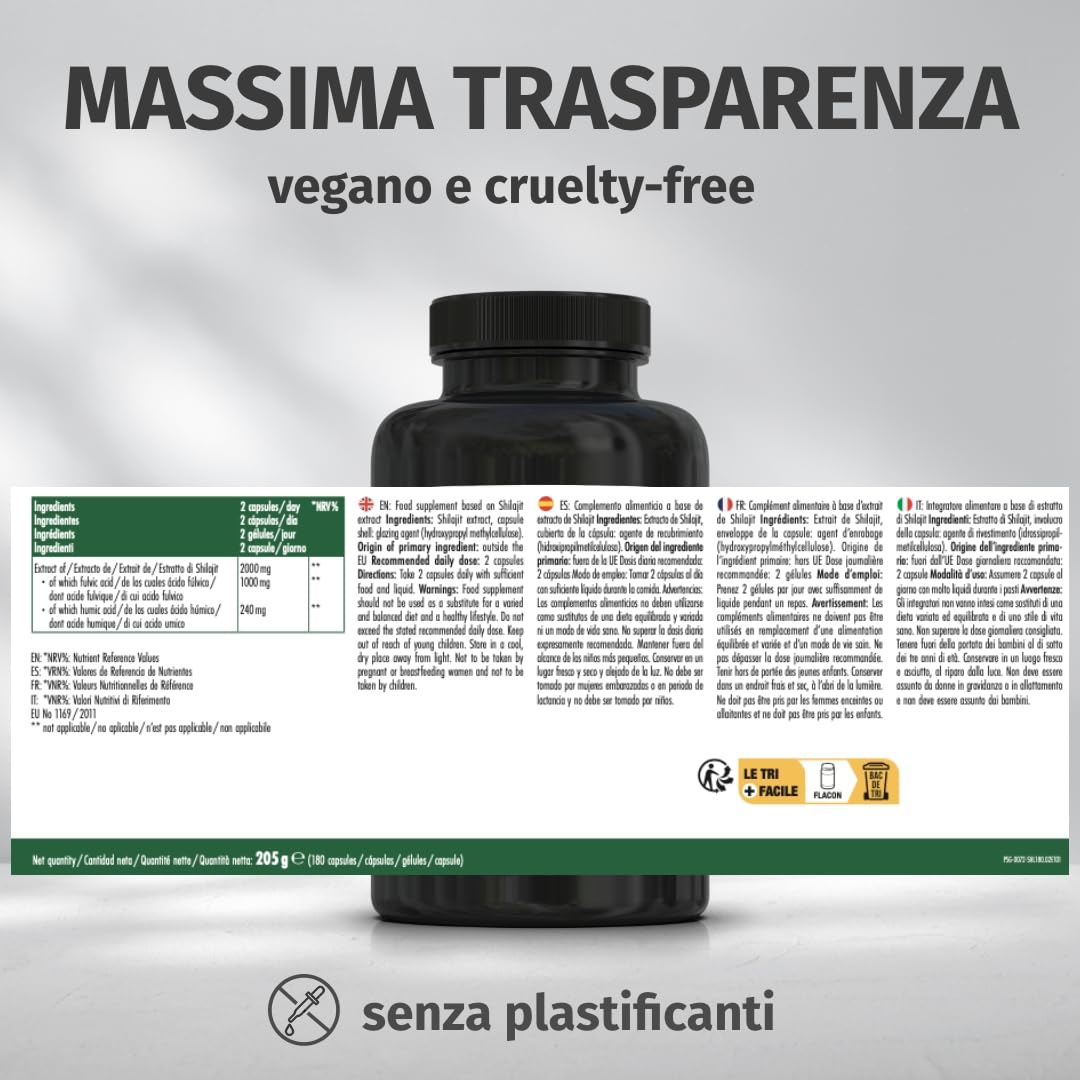 Green Naturals® Shilajit Himalaya Originale – 1.300 mg per dose giornaliera (estratto 10:1) – 50% acido fulvico & 12% acido umico – Scorta 3 mesi – 180 capsule