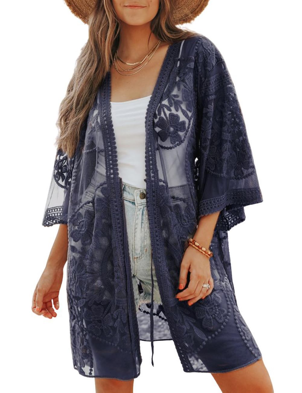 Bsubseach Mujeres Sexy Encaje Crochet Frente Abierto Traje de baño Beach Long Kimono Cover Ups