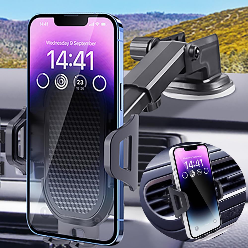 3 in 1 Car Accessories for Men, Phone Holders for Your Car Truck, Cell Phone Mount for Dashboard Windshield Air Vent with Arm Strong Sticky Gel, Suction Cup for iPhone 15 14 13 12 Plus Pro