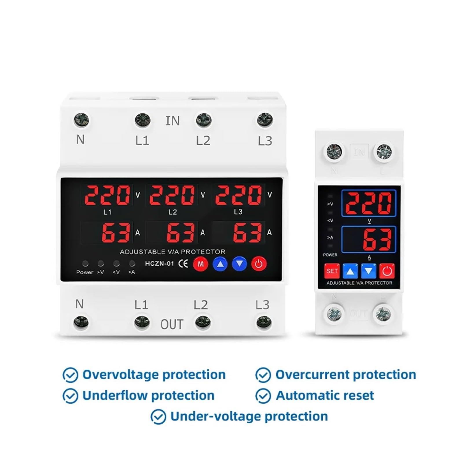 Zabezpieczenie przed przeciążeniem, przepięciem i podnapięciem na szynie DIN 40A 63A 100AVORER napięcia 220 V AC