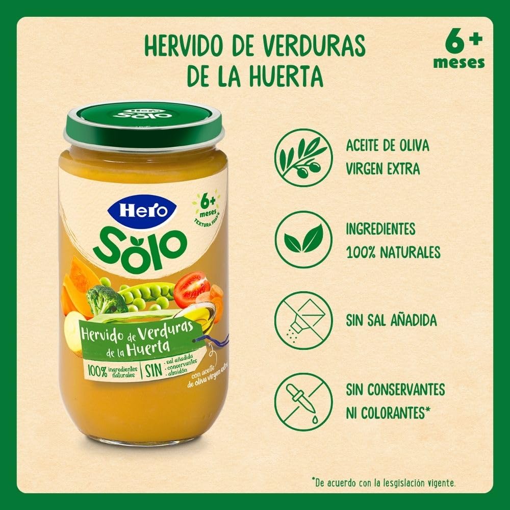 Hero Baby - Tarritos de Hervido de Verduritas de la Huerta, Alimento Infantil para Bebés a Partir de los 4 Meses, 100% Ingredientes Naturales,Sin Aceite de Palma, Almidón, ni Sales Añadidas- 235 g