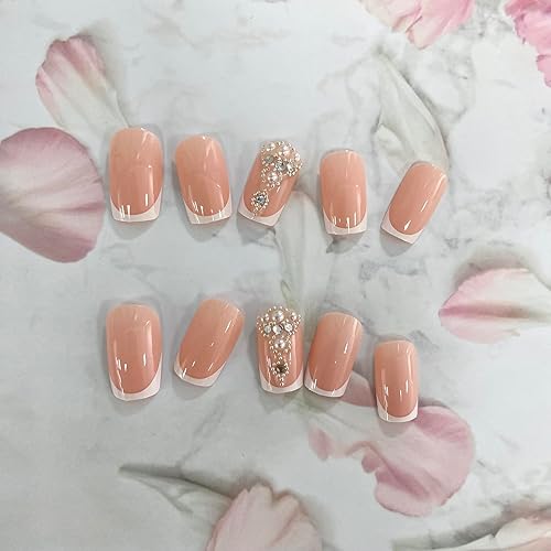 Miniatura 9 de Uñas postizas cuadradas a presión, uñas postizas cortas de color rosa, con diseños de diamantes de imitación, uñas francesas brillantes de cobertura
