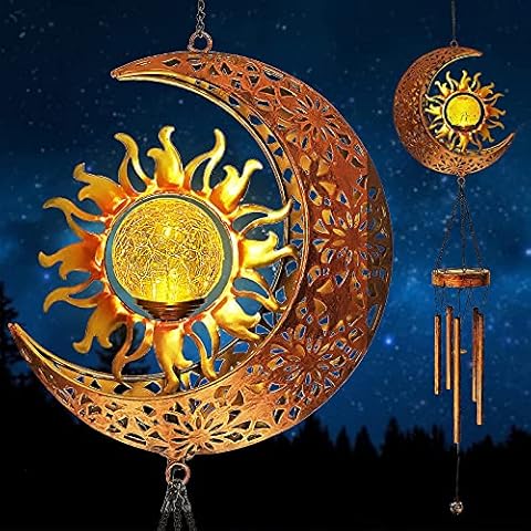 Moon Sun Solar Wind Chimes - Crackle Glass Ball Waterproof Solar Wind Chimes for Outside Garden Hanging Decor Unique with Warm LED Light Windchimes Gift for Mom Women Grandma Birthday Cover