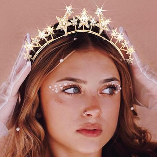 Miniatura 5 de CAKURE Diadema de corona con halo de estrellas, tiaras y coronas de estrellas de diamantes de imitación, diadema de María y diosa, accesorio para el