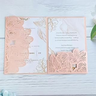 MillaSaw Pink lotus Laser Cut Invitation Sleeve Hollow Wedding Invitation card with Envelopes 20 Sets (pink)