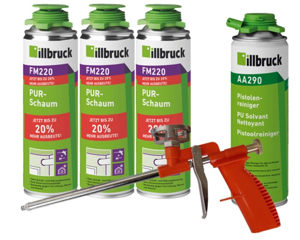 illbruck profesjonalny zestaw 3 x pianka poliuretanowa FM220 pianka montażowa, pianka pistoletowa po 500 ml puszki + środek czyszczący illbruck AA290 + pistolet piankowy Compact