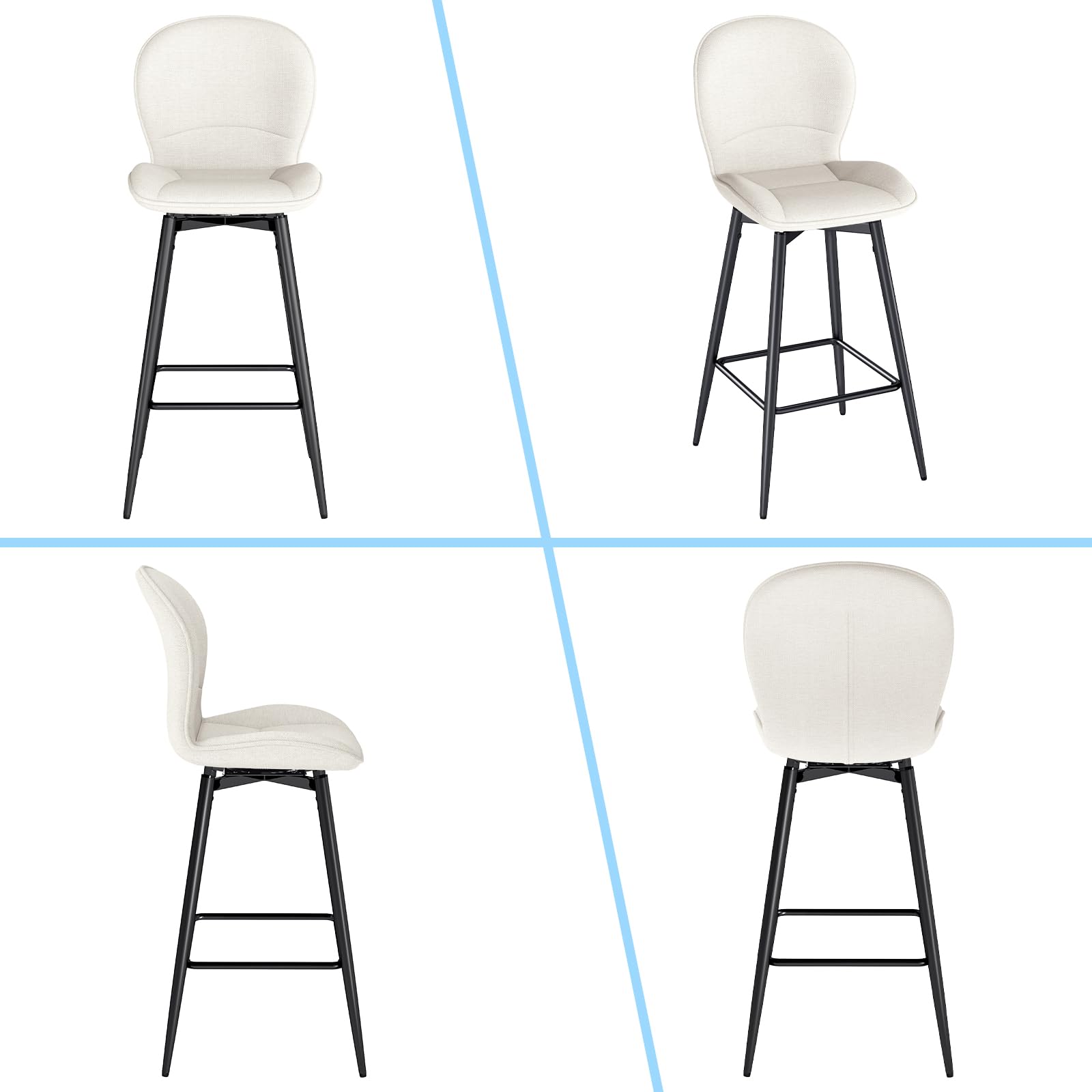 LEWE Juego de 2 Taburetes Altos de Bar, 75 cm Altura del Asiento, Giratorio 360° Sillas Altas de Cocina con Respaldo Acolchado de Tela, Metálica Reposapiés, para Bar, Comedor, Salón-Beige