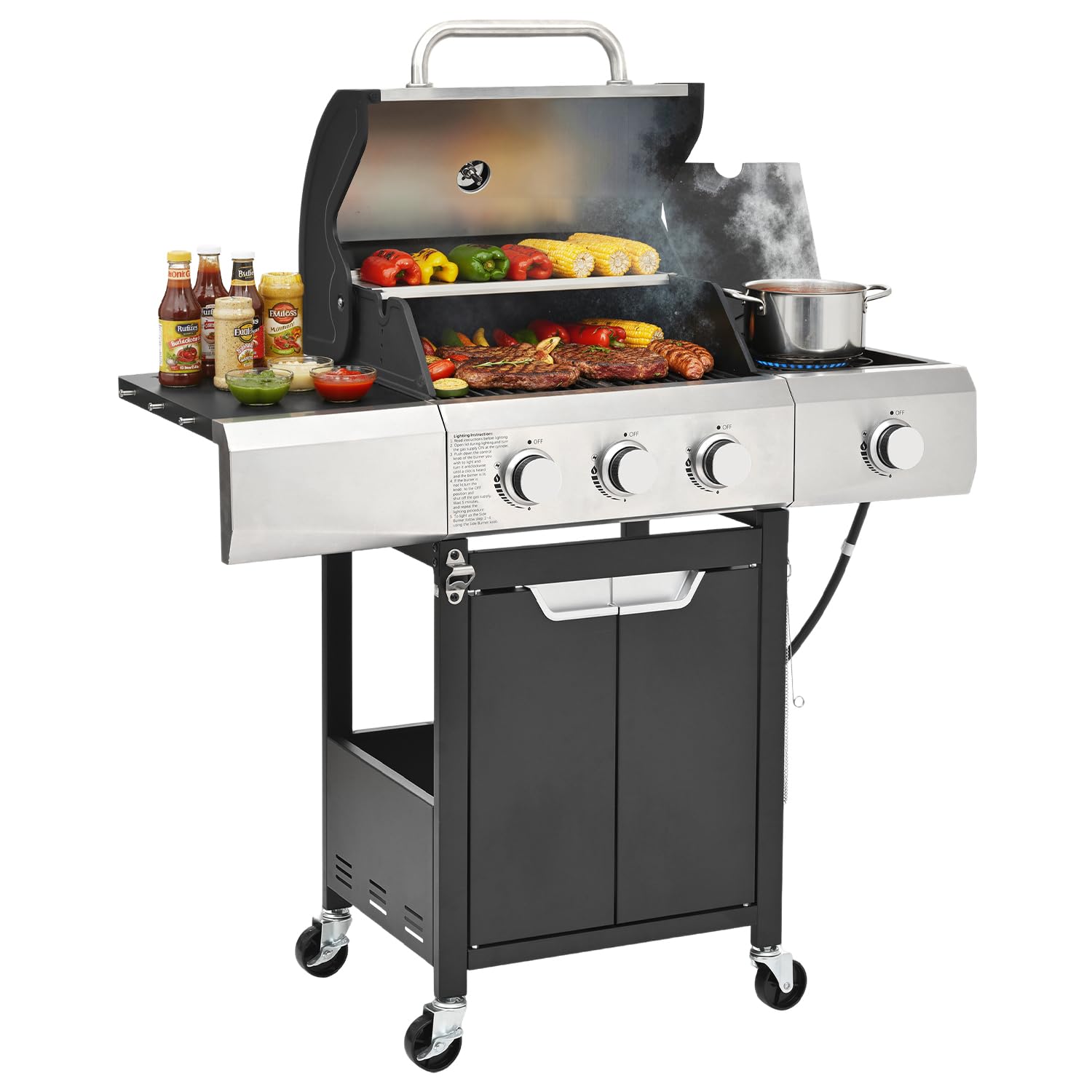 EUHOME 40,500 BTU 3-Burner Propane Gas Grill with Side Burner,Stainless Steel Outdoor BBQ Grill Portable with Wheels and Cast Iron Grates for Patio Garden Barbecue Cooking