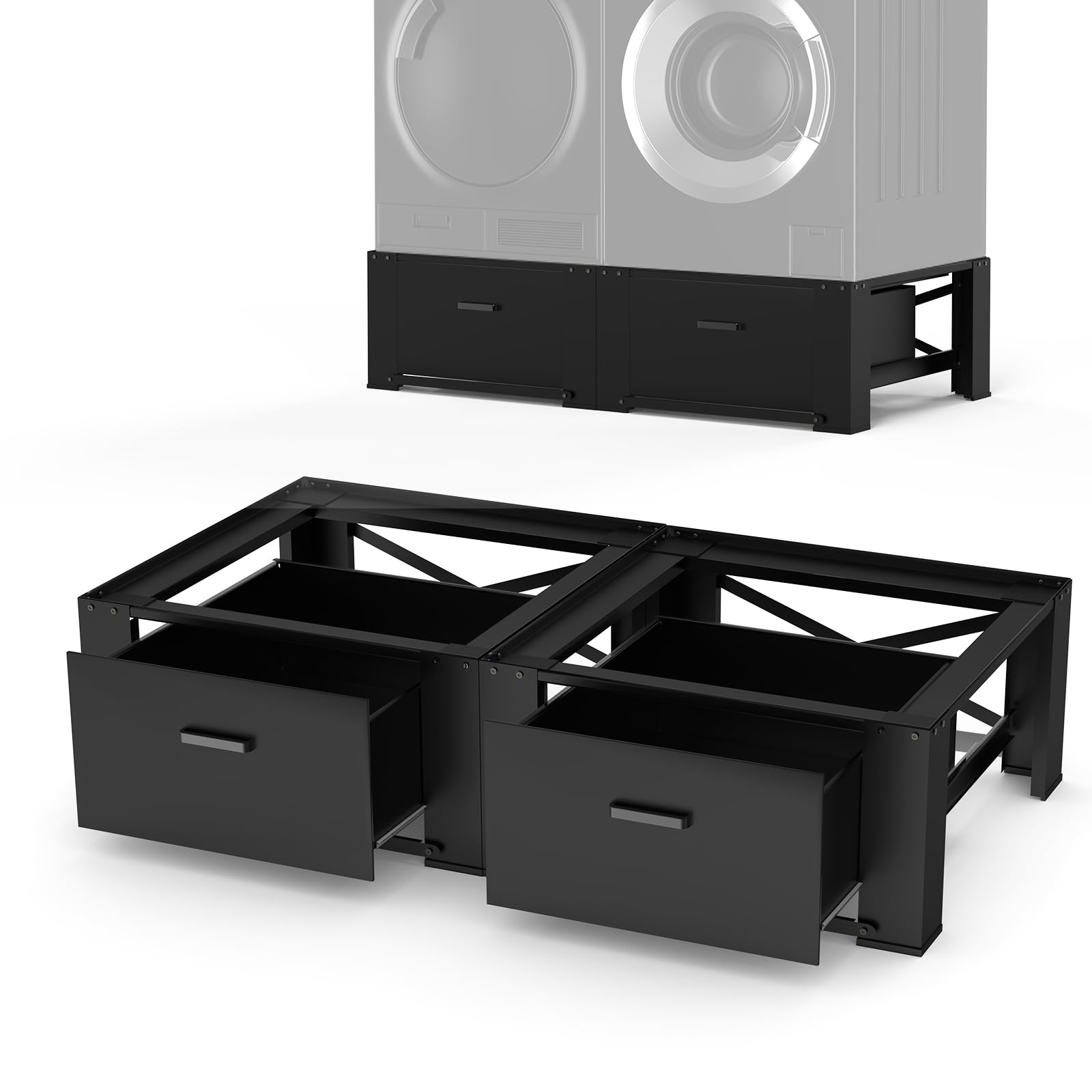 SKM 29" Washer & Dryer Pedestals with Drawer - 2 Pack Laundry Stand Raiser, 14.3" Height, Steel Construction, Black