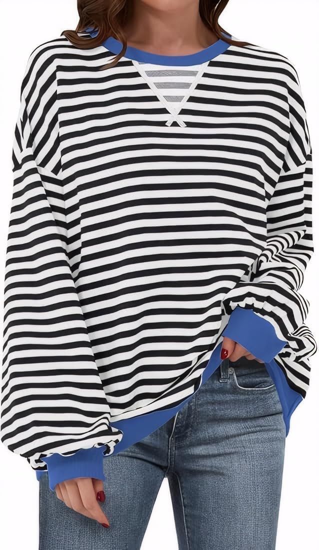 Womens Stripe Oversized Crewneck Sweatshirts Long Sleeve Pullover Color Block Y2K shirts