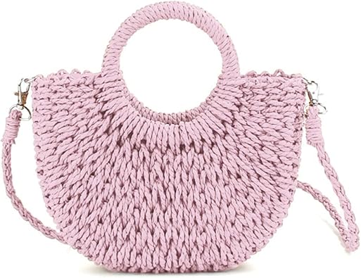 Mini Semi-circle Rattan Straw Bag, Hand-woven Women Summer Retro Beach Tote Shoulder Bag Crossbody Travel Beach Bag