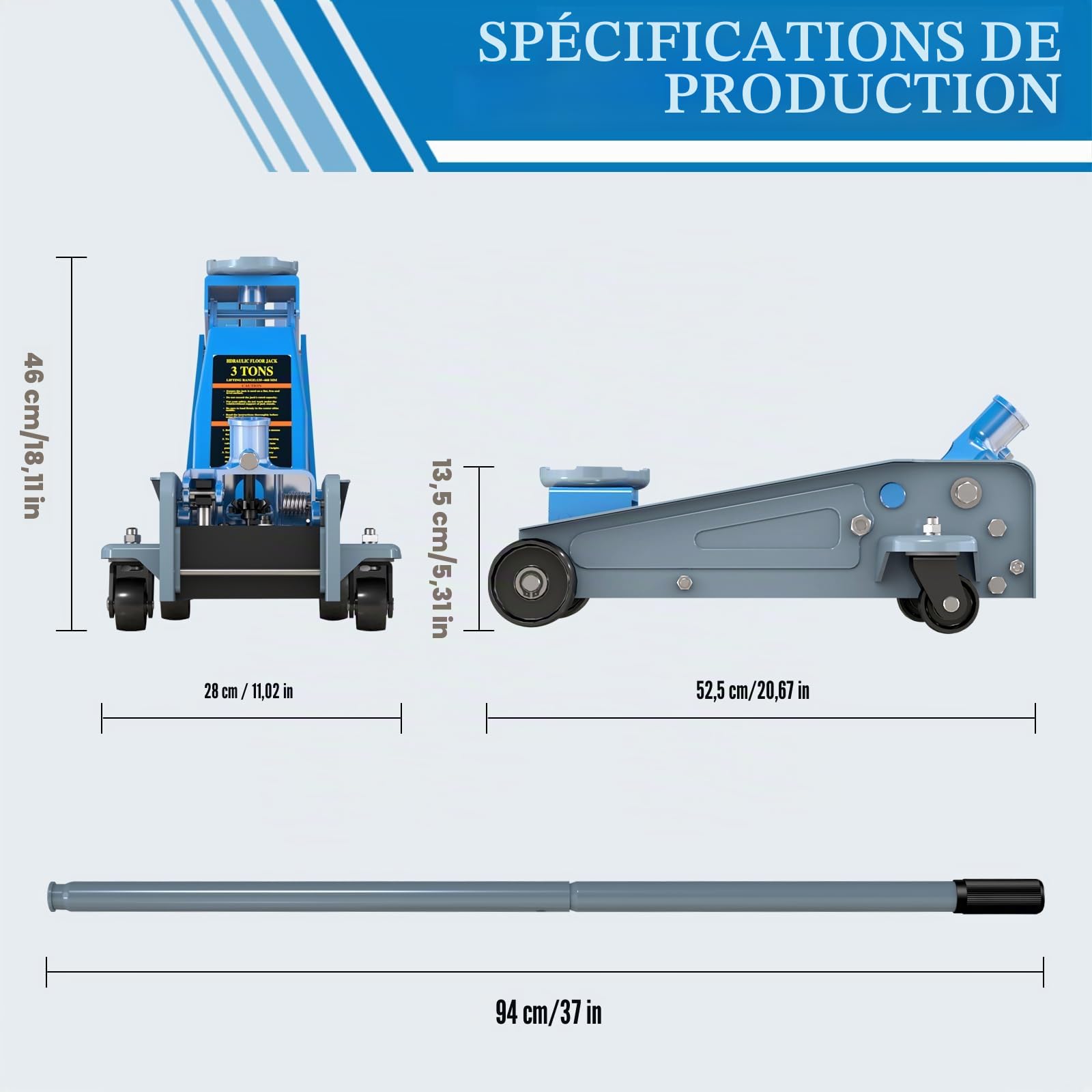 LARBANKE Cric Hydraulique 3 Tonnes - Cric de Manœuvre Professionnel avec Levage Rapide - Hauteur 135-460 mm - roulettes 360° pour Voiture, SUV et Utilitaire - Acier au Carbone Haute Résistance