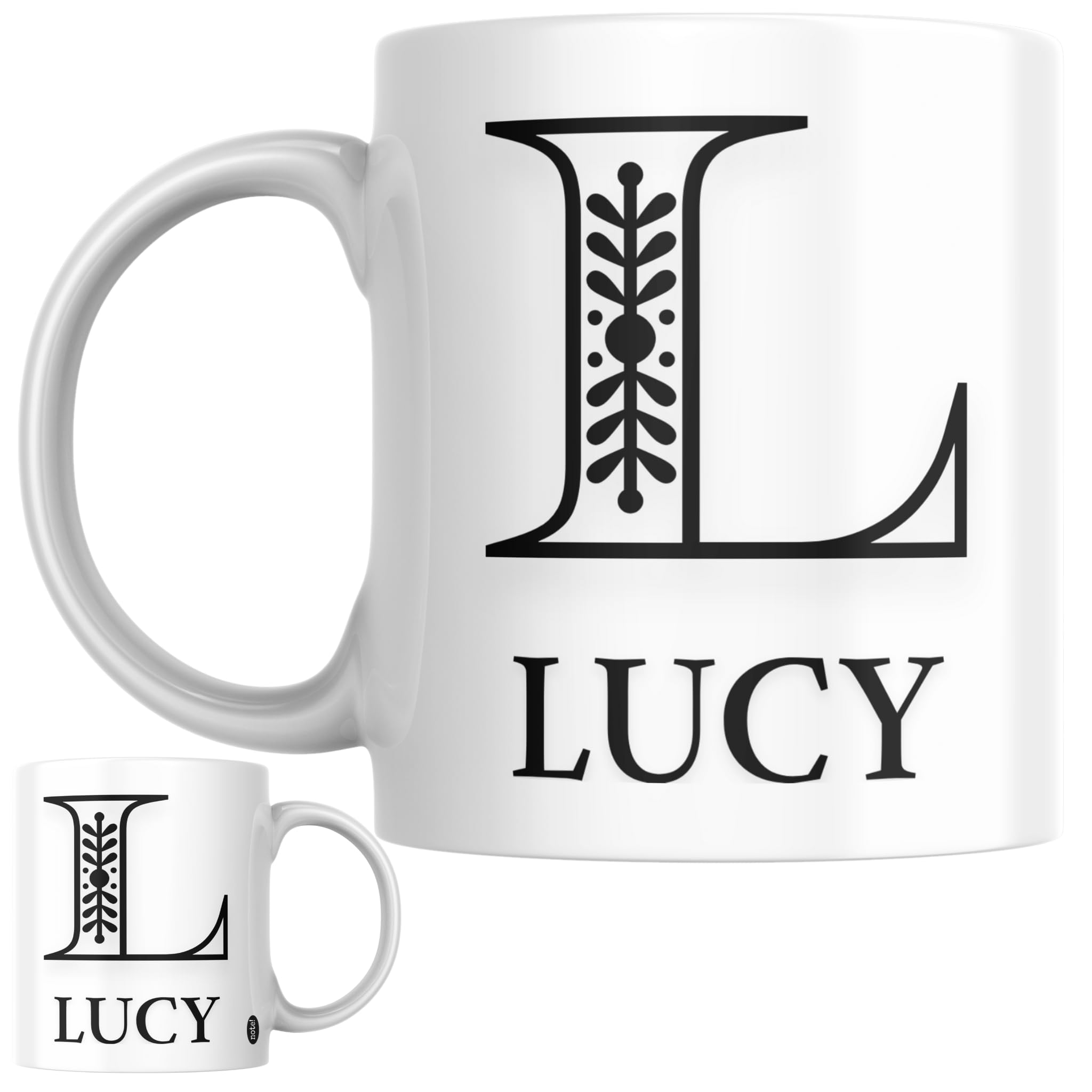 Designs of note! Lucy Personalised Initial Name Mug | Letter L Decorative Coffee Cup for Her | Novelty Elegant Gift for Women or Girls Called Lucy