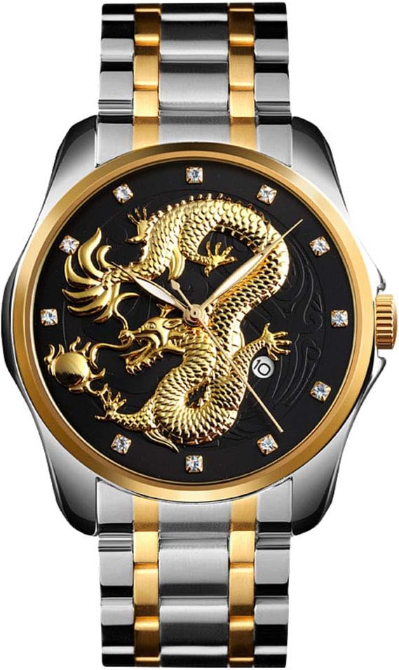Men Boy Luxury Gold Chinese Dragon Carved Dial Diamond Quartz Watch Casual Waterproof Sport Stainless Steel Wristwatch