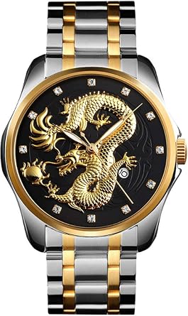 Men Boy Luxury Gold Chinese Dragon Carved Dial Diamond Quartz Watch Casual Waterproof Sport Stainless Steel Wristwatch
