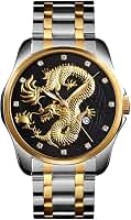 Relógio de pulso masculino de luxo com mostrador esculpido em ouro chinês com diamante e quartzo, casual, impermeável, esportivo, de aço inoxidável, silver black, Medium
